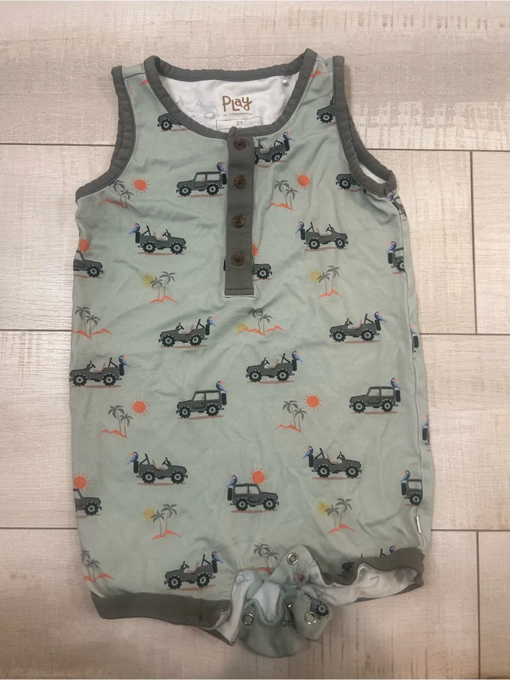 Little Sleepies Sage Green Jeep Print Sleeveless play Romper